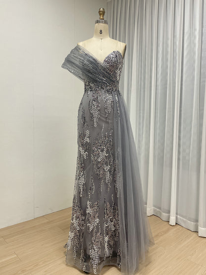 Shimmering Pink Beaded Floral Evening Gown with Tulle Drape MY30245