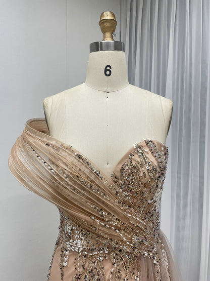 Shimmering Pink Beaded Floral Evening Gown with Tulle Drape MY30245