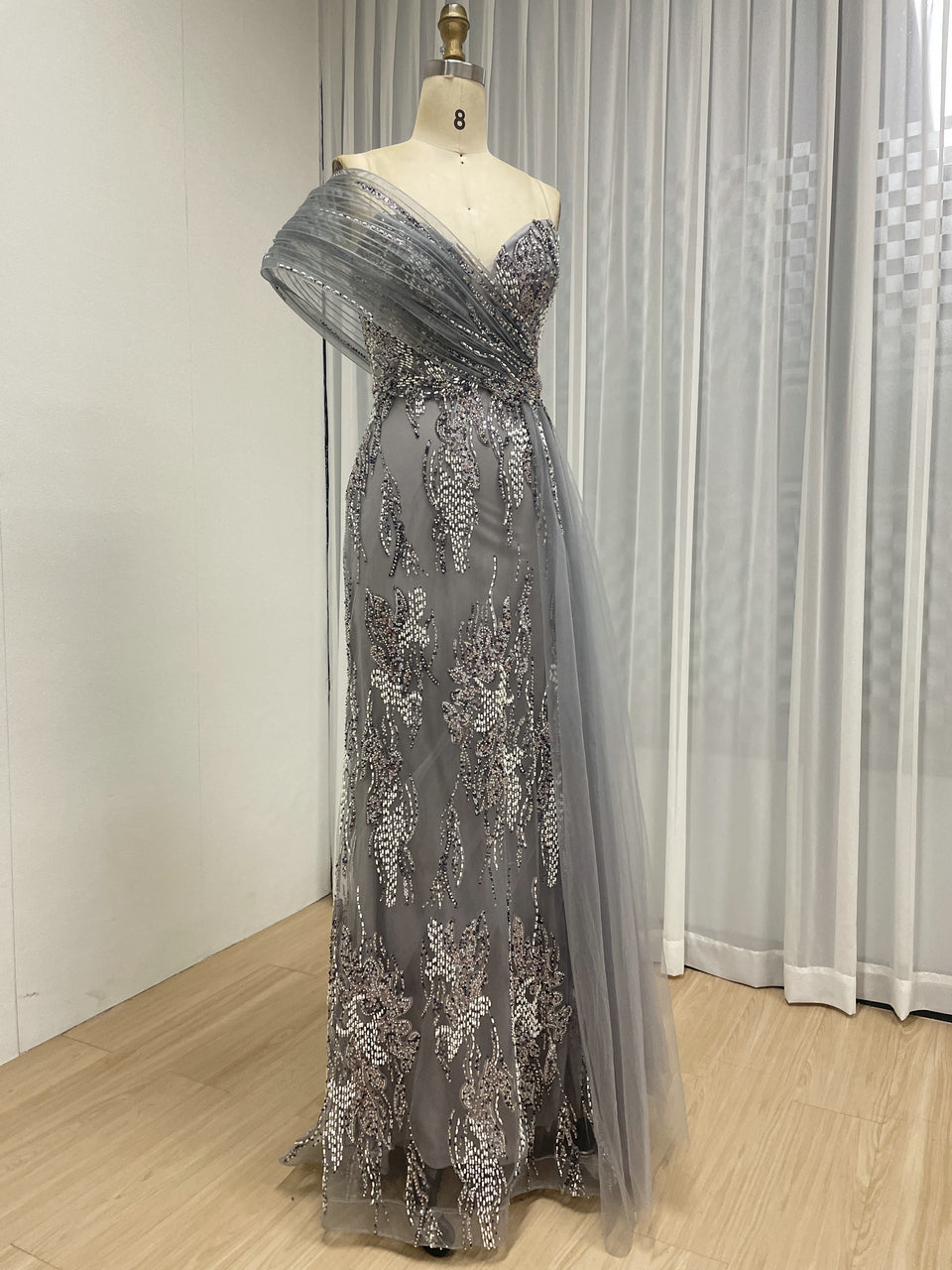 Shimmering Pink Beaded Floral Evening Gown with Tulle Drape MY30245