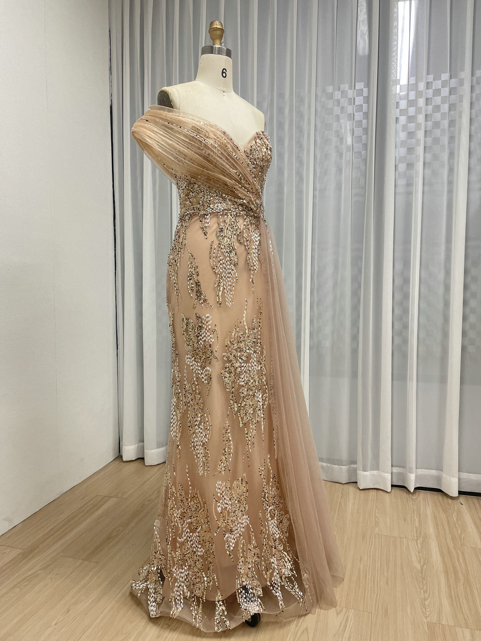 Shimmering Pink Beaded Floral Evening Gown with Tulle Drape MY30245