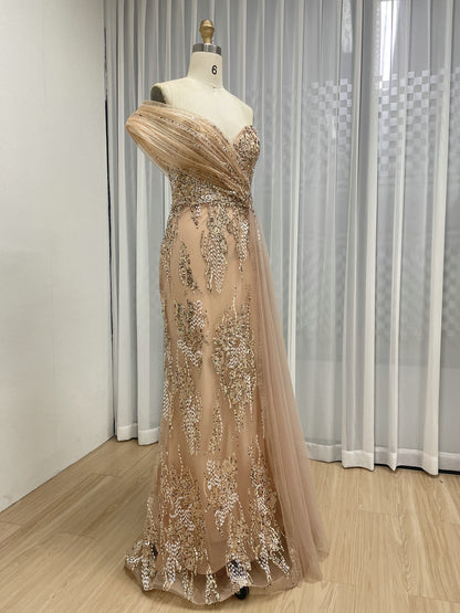 Shimmering Pink Beaded Floral Evening Gown with Tulle Drape MY30245