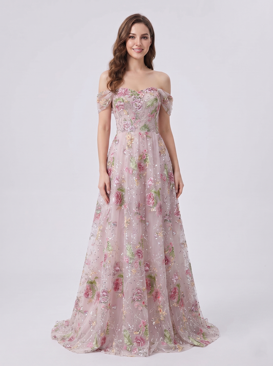 Elegant Off Shoulder Pink Floral Lace Evening Dress with 3D Embroidery and A-Line Skirt MY30259