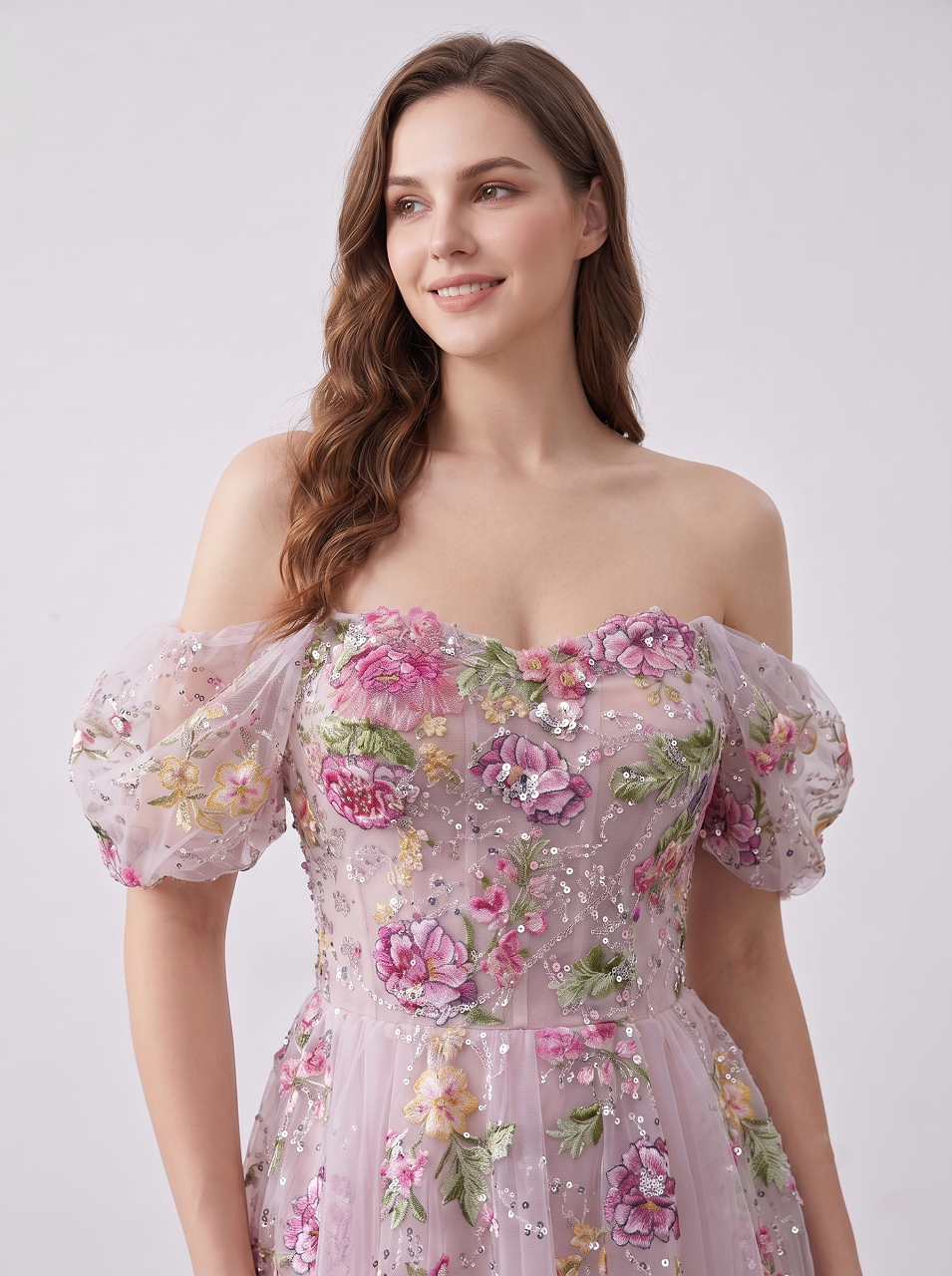 Elegant Off Shoulder Pink Floral Lace Evening Dress with 3D Embroidery and A-Line Skirt MY30259