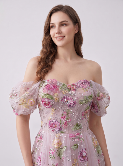 Elegant Off Shoulder Pink Floral Lace Evening Dress with 3D Embroidery and A-Line Skirt MY30259