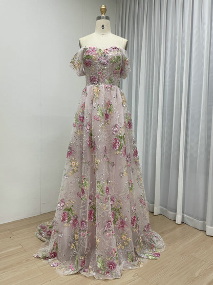 Elegant Off Shoulder Pink Floral Lace Evening Dress with 3D Embroidery and A-Line Skirt MY30259