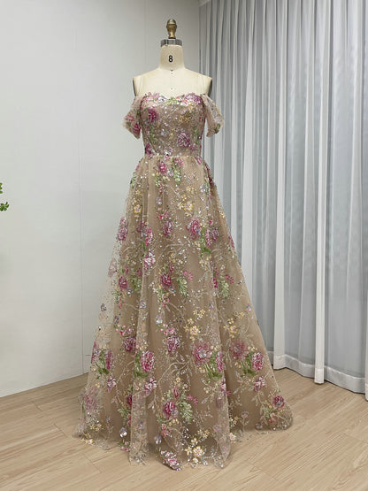 Elegant Off Shoulder Pink Floral Lace Evening Dress with 3D Embroidery and A-Line Skirt MY30259