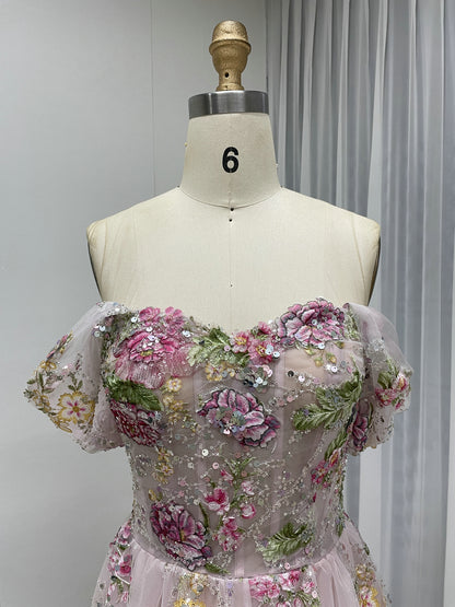 Elegant Off Shoulder Pink Floral Lace Evening Dress with 3D Embroidery and A-Line Skirt MY30259