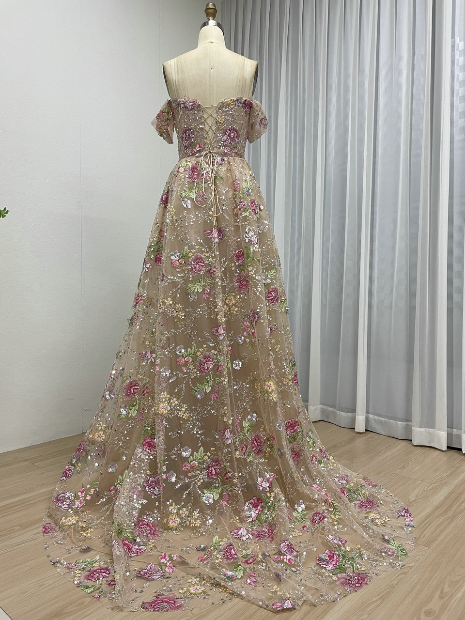 Elegant Off Shoulder Pink Floral Lace Evening Dress with 3D Embroidery and A-Line Skirt MY30259