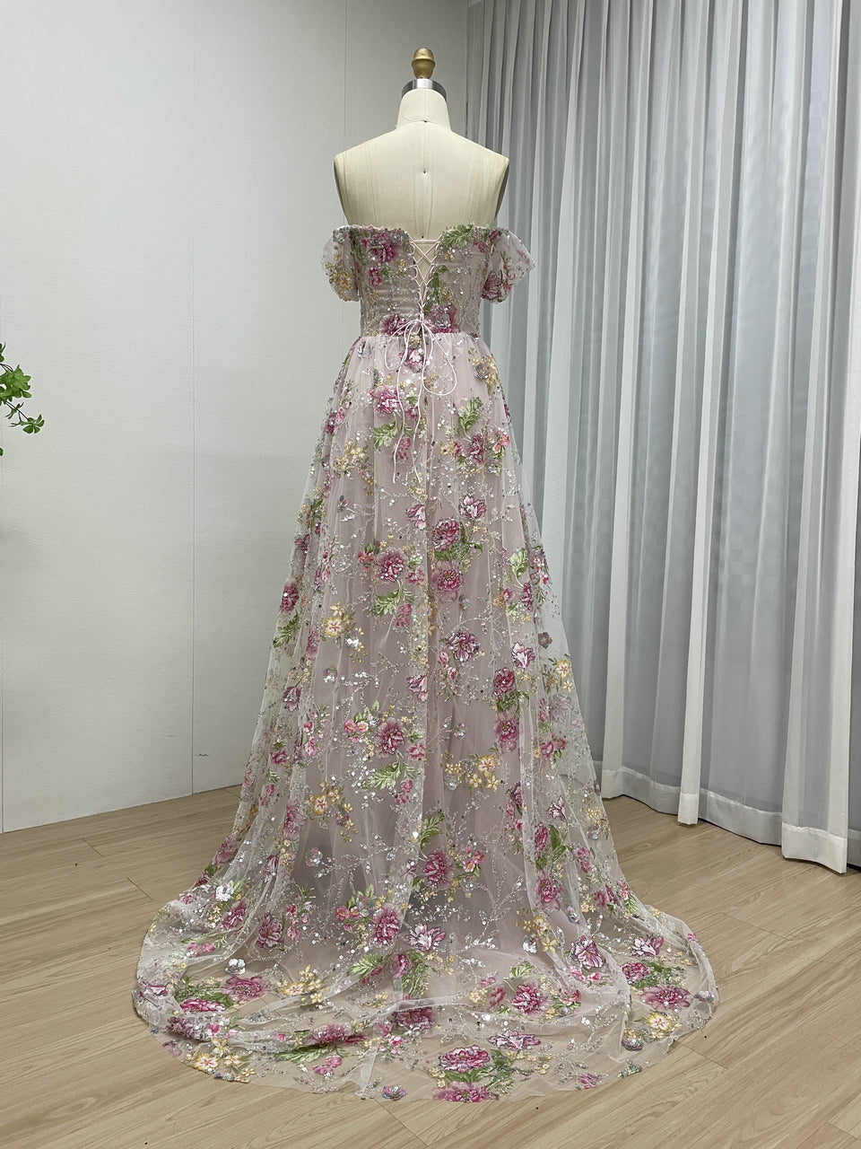 Elegant Off Shoulder Pink Floral Lace Evening Dress with 3D Embroidery and A-Line Skirt MY30259