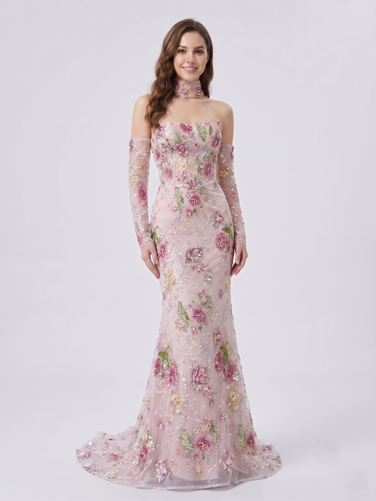 Blush Pink Floral Embroidered Evening Gown Sweetheart Corset Prom Dress with Scarf MY30260