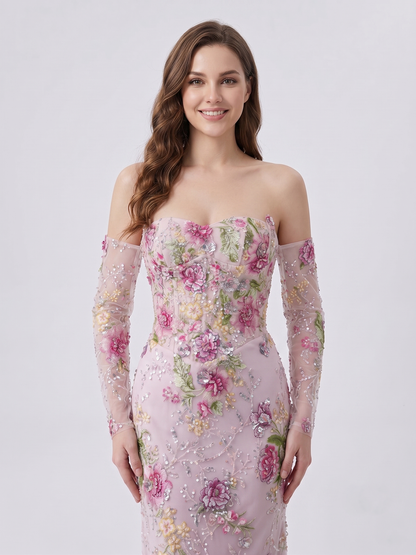 Blush Pink Floral Embroidered Evening Gown Sweetheart Corset Prom Dress with Scarf MY30260