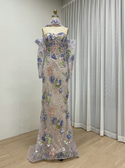 Blush Pink Floral Embroidered Evening Gown Sweetheart Corset Prom Dress with Scarf MY30260