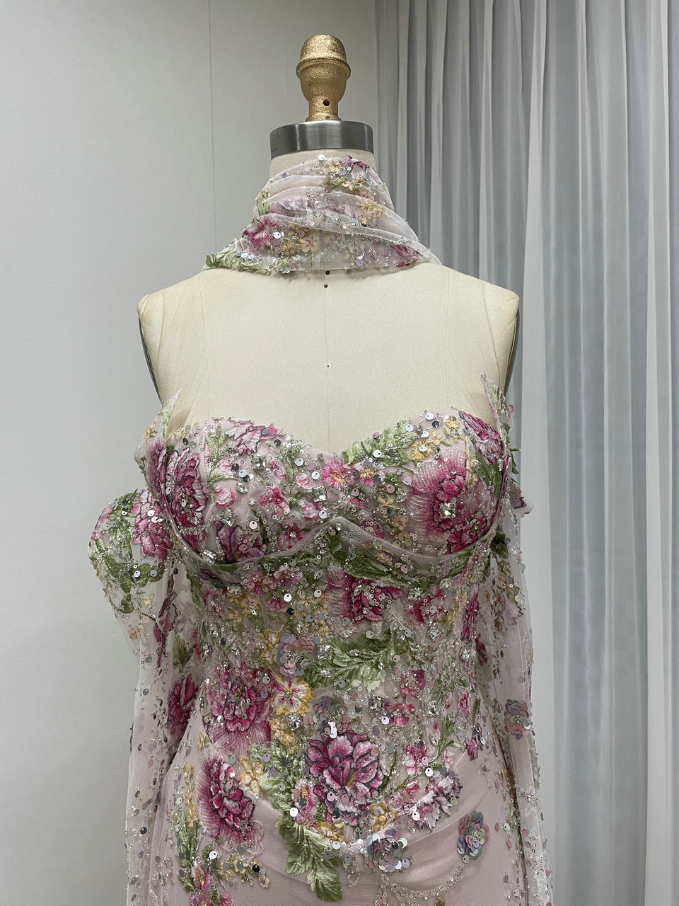 Blush Pink Floral Embroidered Evening Gown Sweetheart Corset Prom Dress with Scarf MY30260