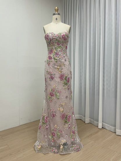 Blush Pink Floral Embroidered Evening Gown Sweetheart Corset Prom Dress with Scarf MY30260