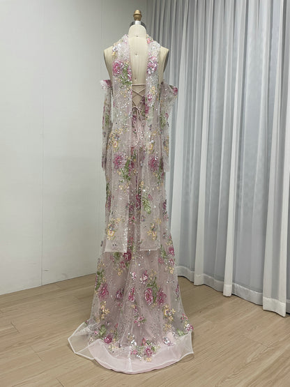 Blush Pink Floral Embroidered Evening Gown Sweetheart Corset Prom Dress with Scarf MY30260