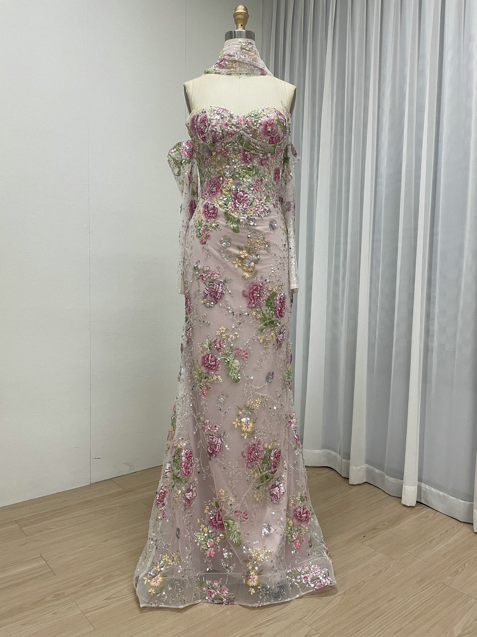 Blush Pink Floral Embroidered Evening Gown Sweetheart Corset Prom Dress with Scarf MY30260