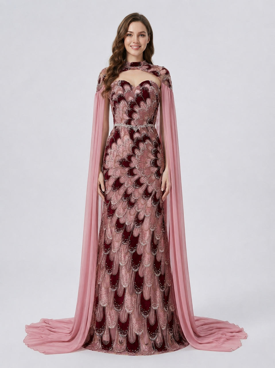 Designer Pink Crystal Embellished Mermaid Evening Dress with Chiffon Cape Sleeves MY30267-2