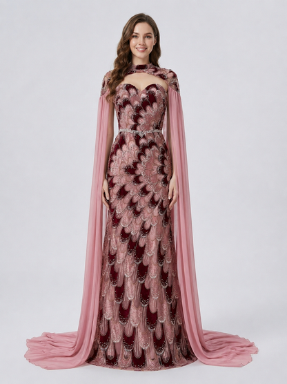 Designer Pink Crystal Embellished Mermaid Evening Dress with Chiffon Cape Sleeves MY30267-2