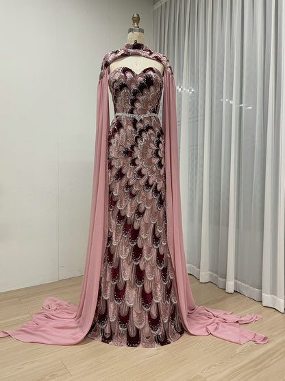 Designer Pink Crystal Embellished Mermaid Evening Dress with Chiffon Cape Sleeves MY30267-2