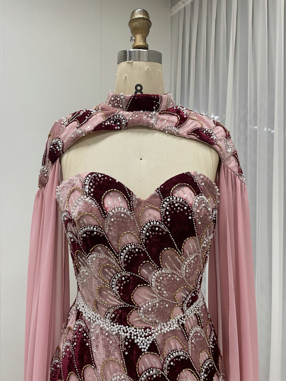 Designer Pink Crystal Embellished Mermaid Evening Dress with Chiffon Cape Sleeves MY30267-2