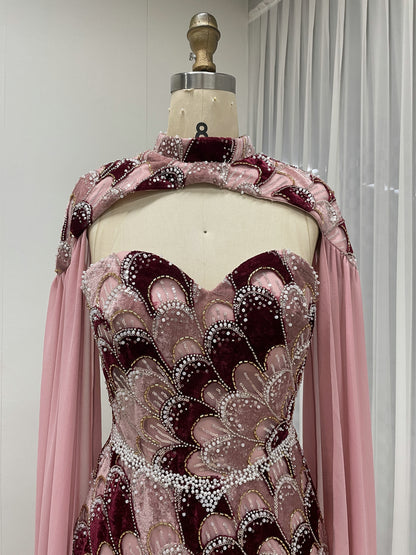 Designer Pink Crystal Embellished Mermaid Evening Dress with Chiffon Cape Sleeves MY30267-2