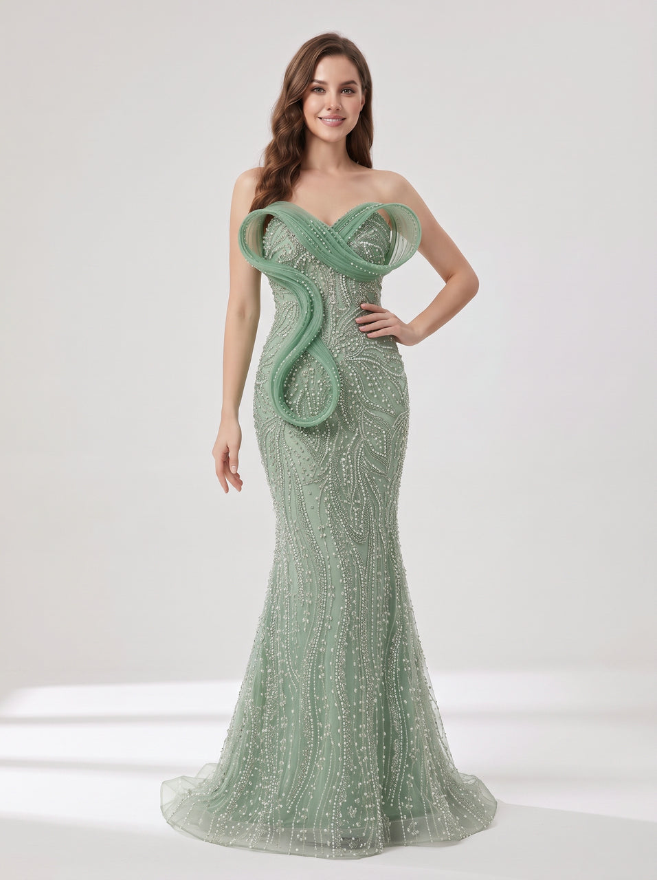 Sage Green Beaded Mermaid Evening Gown with Pearl Embellishments and Sculpted Sweetheart Neckline MY30272