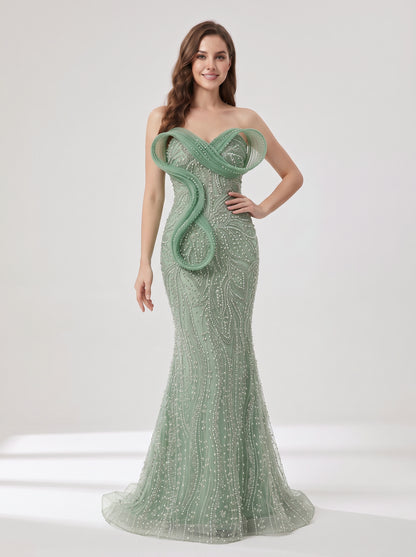 Sage Green Beaded Mermaid Evening Gown with Pearl Embellishments and Sculpted Sweetheart Neckline MY30272