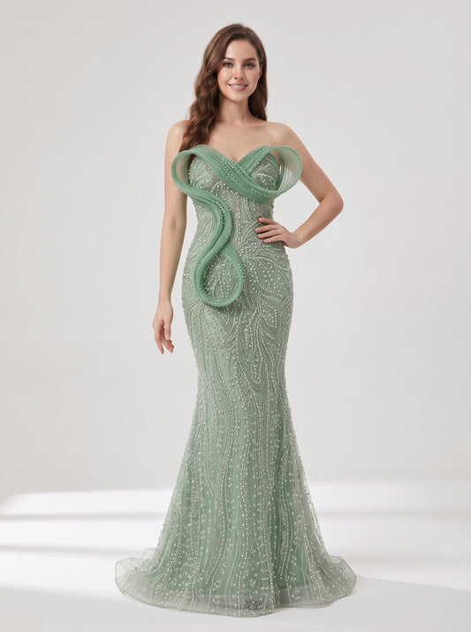 Sage Green Beaded Mermaid Evening Gown with Pearl Embellishments and Sculpted Sweetheart Neckline MY30272