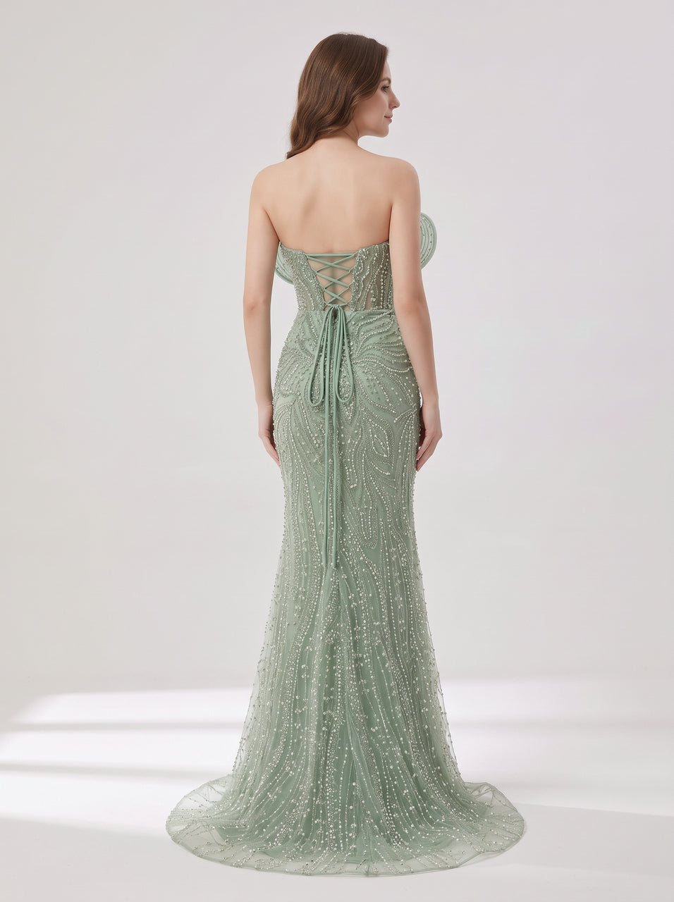 Sage Green Beaded Mermaid Evening Gown with Pearl Embellishments and Sculpted Sweetheart Neckline MY30272