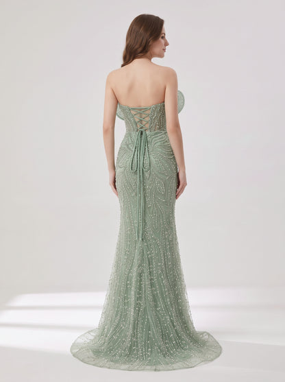Sage Green Beaded Mermaid Evening Gown with Pearl Embellishments and Sculpted Sweetheart Neckline MY30272