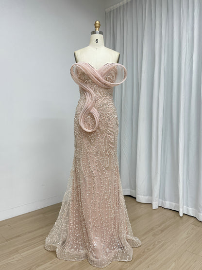 Sage Green Beaded Mermaid Evening Gown with Pearl Embellishments and Sculpted Sweetheart Neckline MY30272