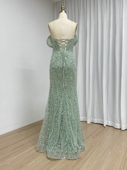 Sage Green Beaded Mermaid Evening Gown with Pearl Embellishments and Sculpted Sweetheart Neckline MY30272