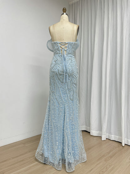 Sage Green Beaded Mermaid Evening Gown with Pearl Embellishments and Sculpted Sweetheart Neckline MY30272