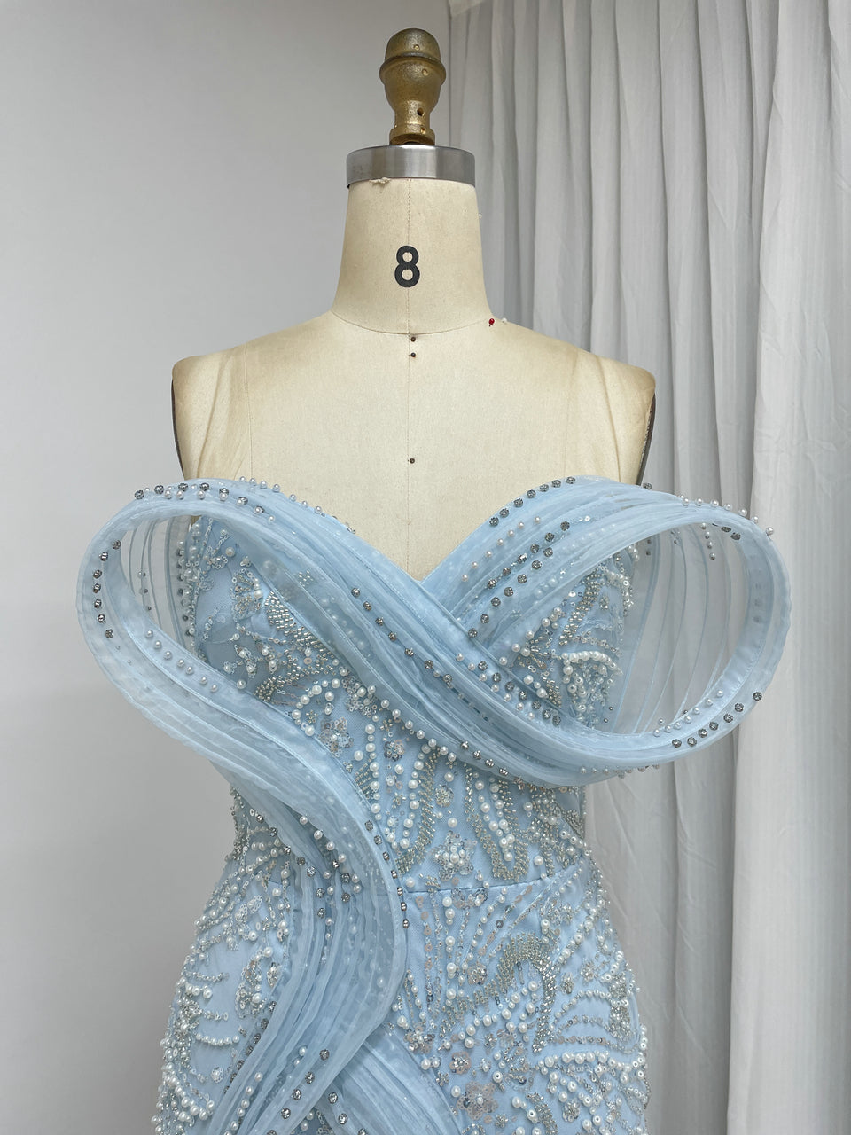 Sage Green Beaded Mermaid Evening Gown with Pearl Embellishments and Sculpted Sweetheart Neckline MY30272