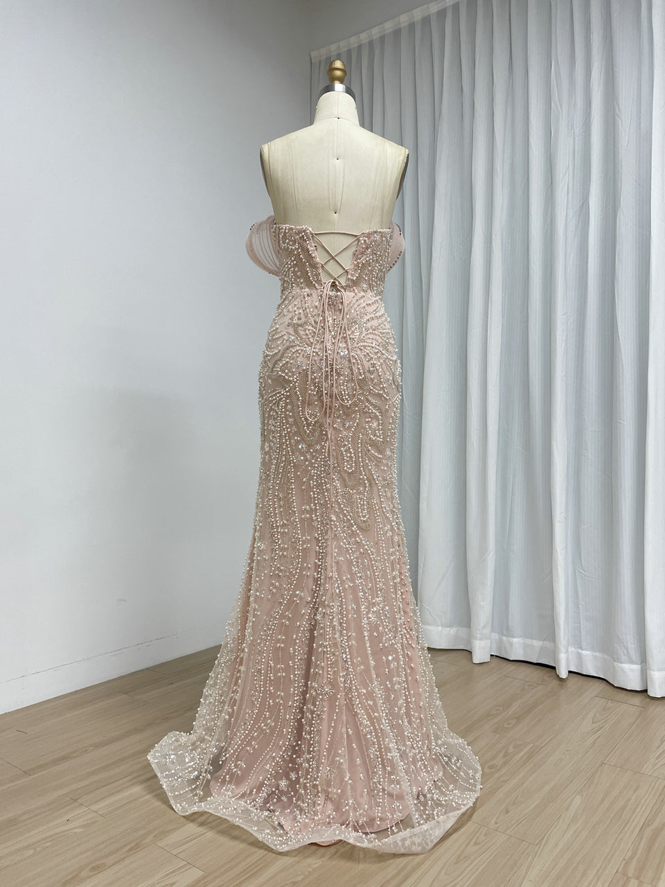 Sage Green Beaded Mermaid Evening Gown with Pearl Embellishments and Sculpted Sweetheart Neckline MY30272