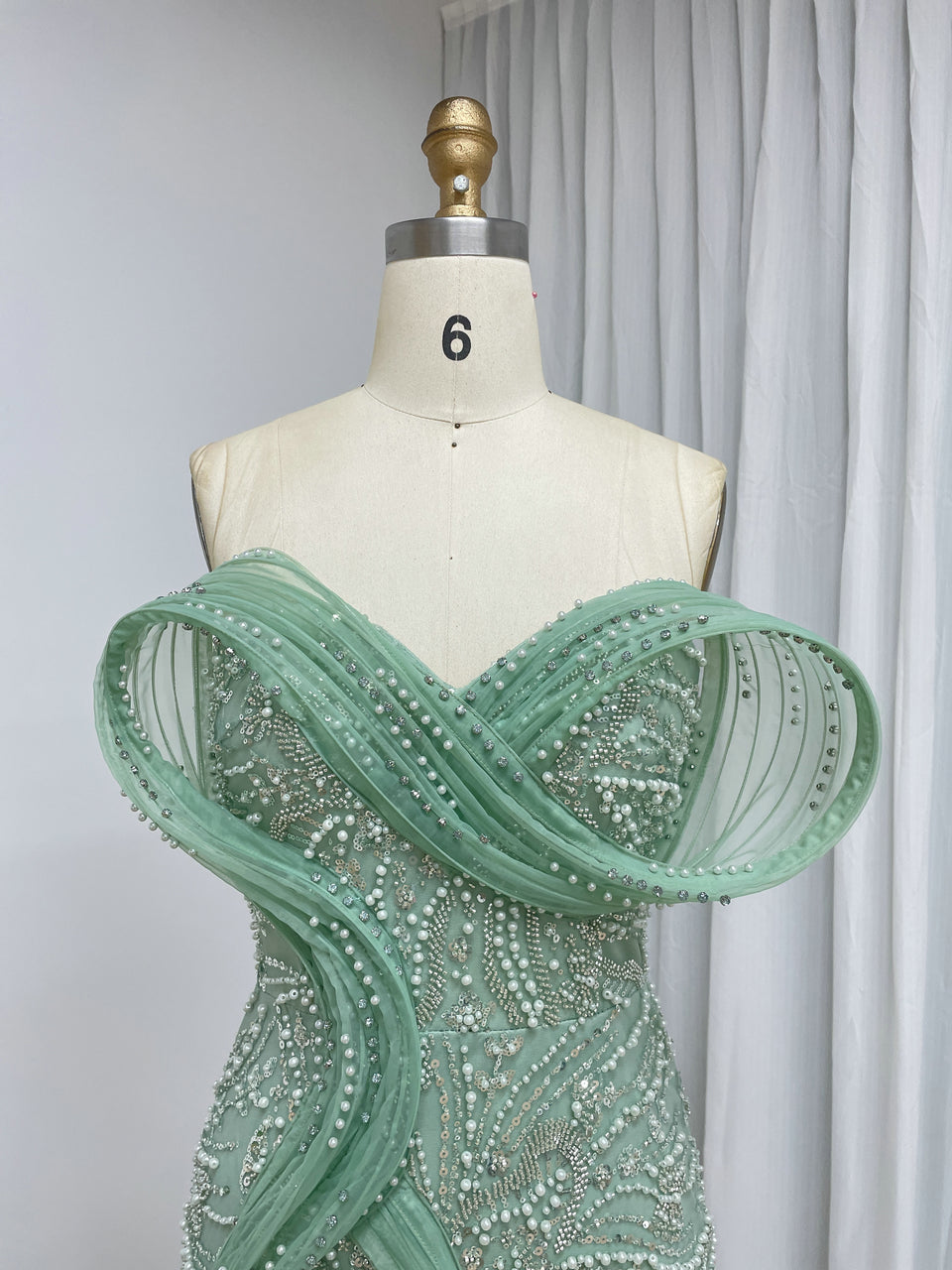 Sage Green Beaded Mermaid Evening Gown with Pearl Embellishments and Sculpted Sweetheart Neckline MY30272