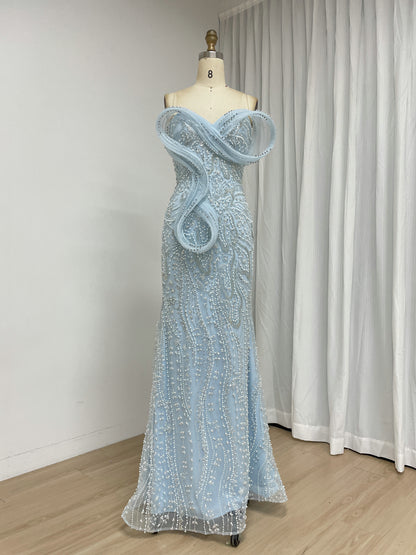 Sage Green Beaded Mermaid Evening Gown with Pearl Embellishments and Sculpted Sweetheart Neckline MY30272