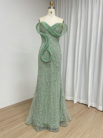 Sage Green Beaded Mermaid Evening Gown with Pearl Embellishments and Sculpted Sweetheart Neckline MY30272