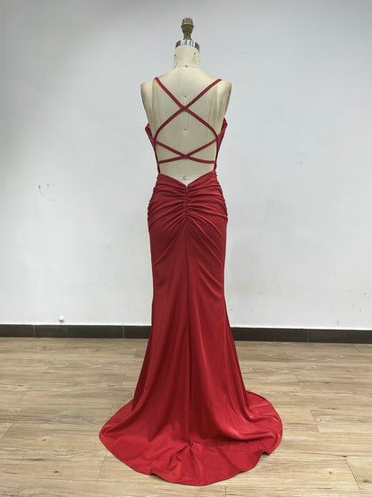 Sexy Open Back Ruffle Bodycon High Slit Bridesmaid Dress USAN019