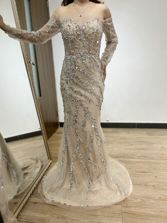 Beautiful Nude Hand Beading Mermaid Dress Long Sleeve Birthday Party Prom Dress YD22201L