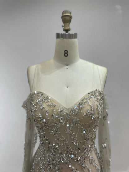Beautiful Nude Hand Beading Mermaid Dress Long Sleeve Birthday Party Prom Dress YD22201L