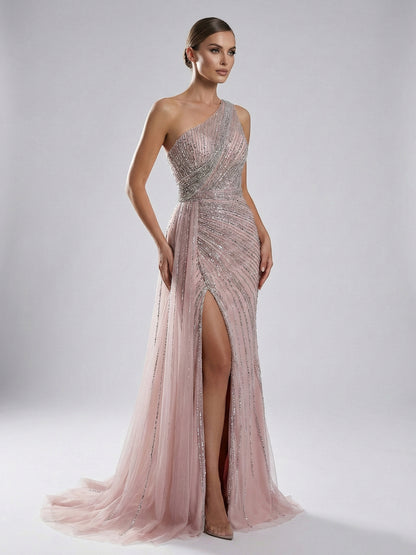 One-Shoulder Sequin Mermaid Evening Gown with Thigh-High Slit - Grey Pink YD22202
