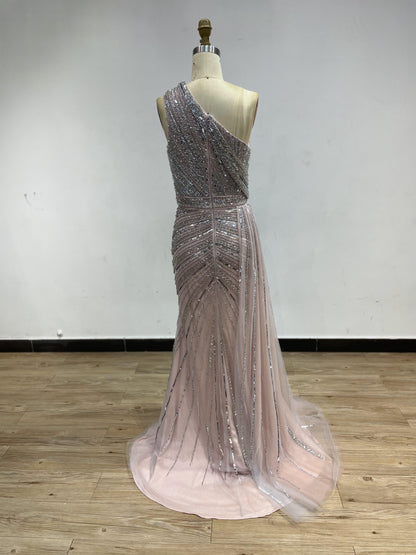 One-Shoulder Sequin Mermaid Evening Gown with Thigh-High Slit - Grey Pink YD22202