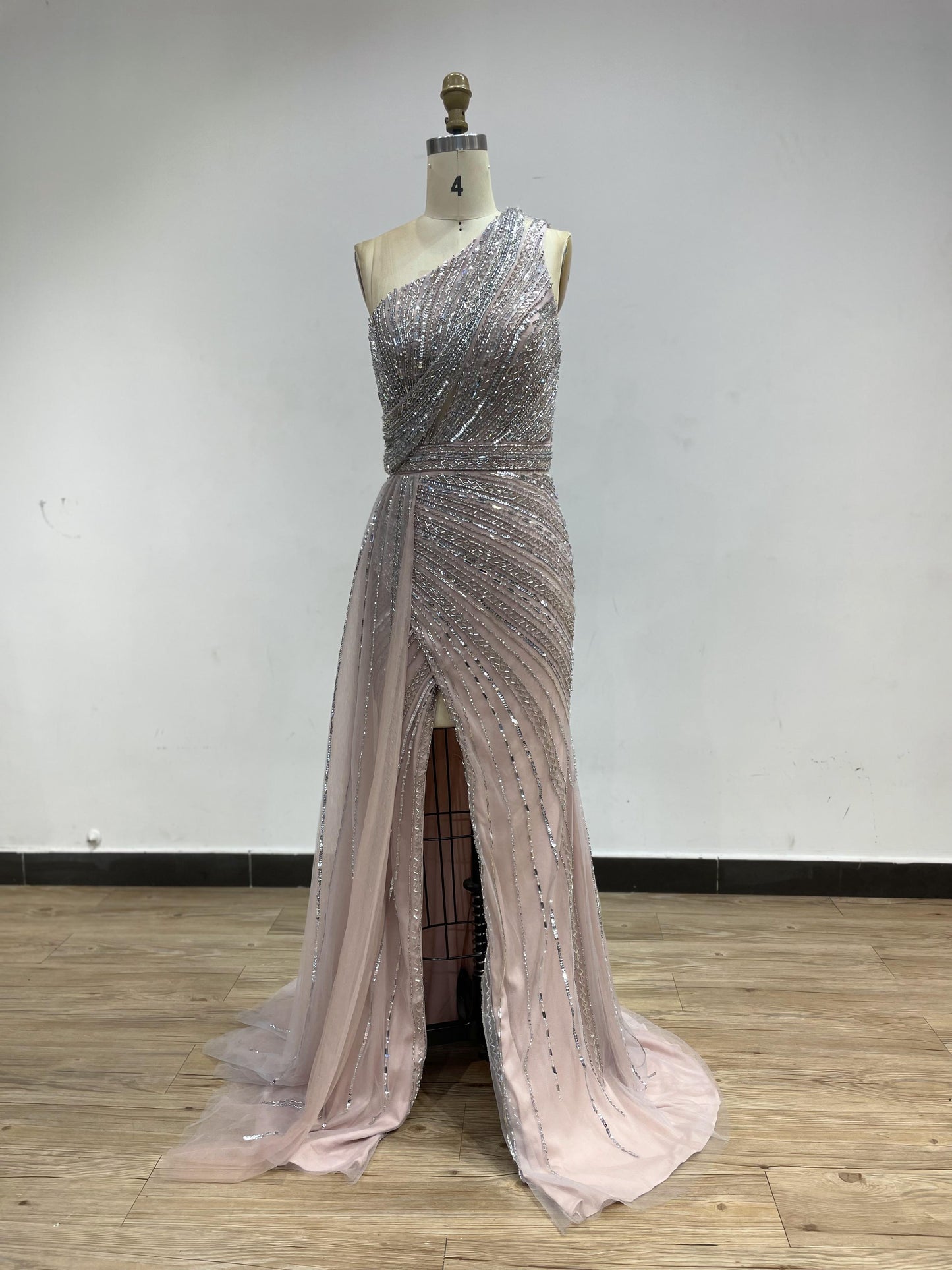 One-Shoulder Sequin Mermaid Evening Gown with Thigh-High Slit - Grey Pink YD22202