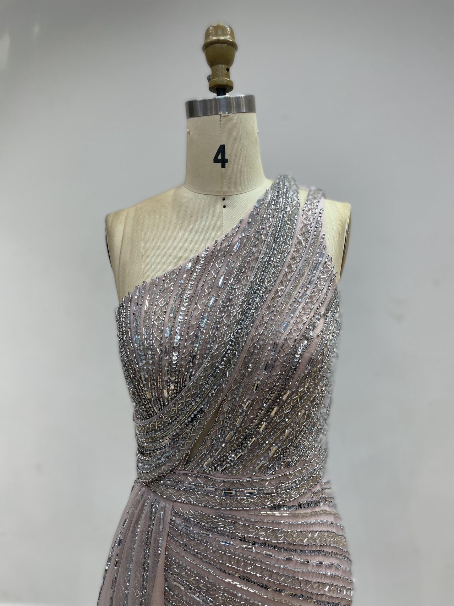 One-Shoulder Sequin Mermaid Evening Gown with Thigh-High Slit - Grey Pink YD22202