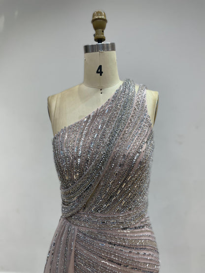 One-Shoulder Sequin Mermaid Evening Gown with Thigh-High Slit - Grey Pink YD22202