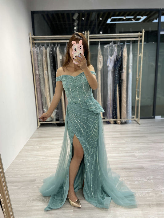 Elegant Mint Green Pink Mermaid Gown Shimmery Beaded Tulle Prom  Gala Dress YD22205