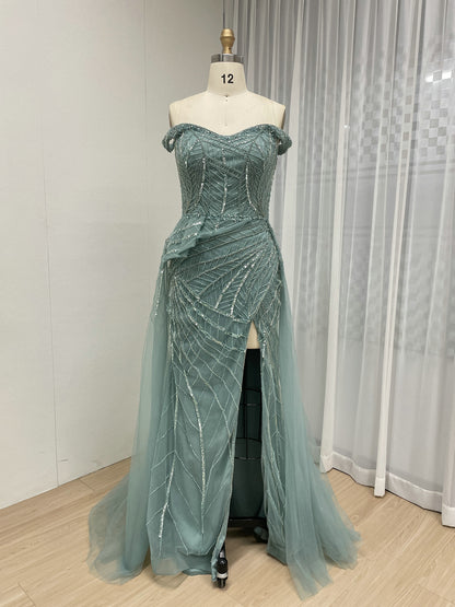 Elegant Mint Green Pink Mermaid Gown Shimmery Beaded Tulle Prom  Gala Dress YD22205