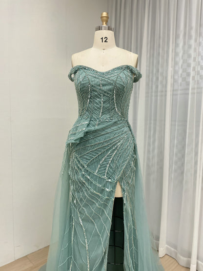 Elegant Mint Green Pink Mermaid Gown Shimmery Beaded Tulle Prom  Gala Dress YD22205