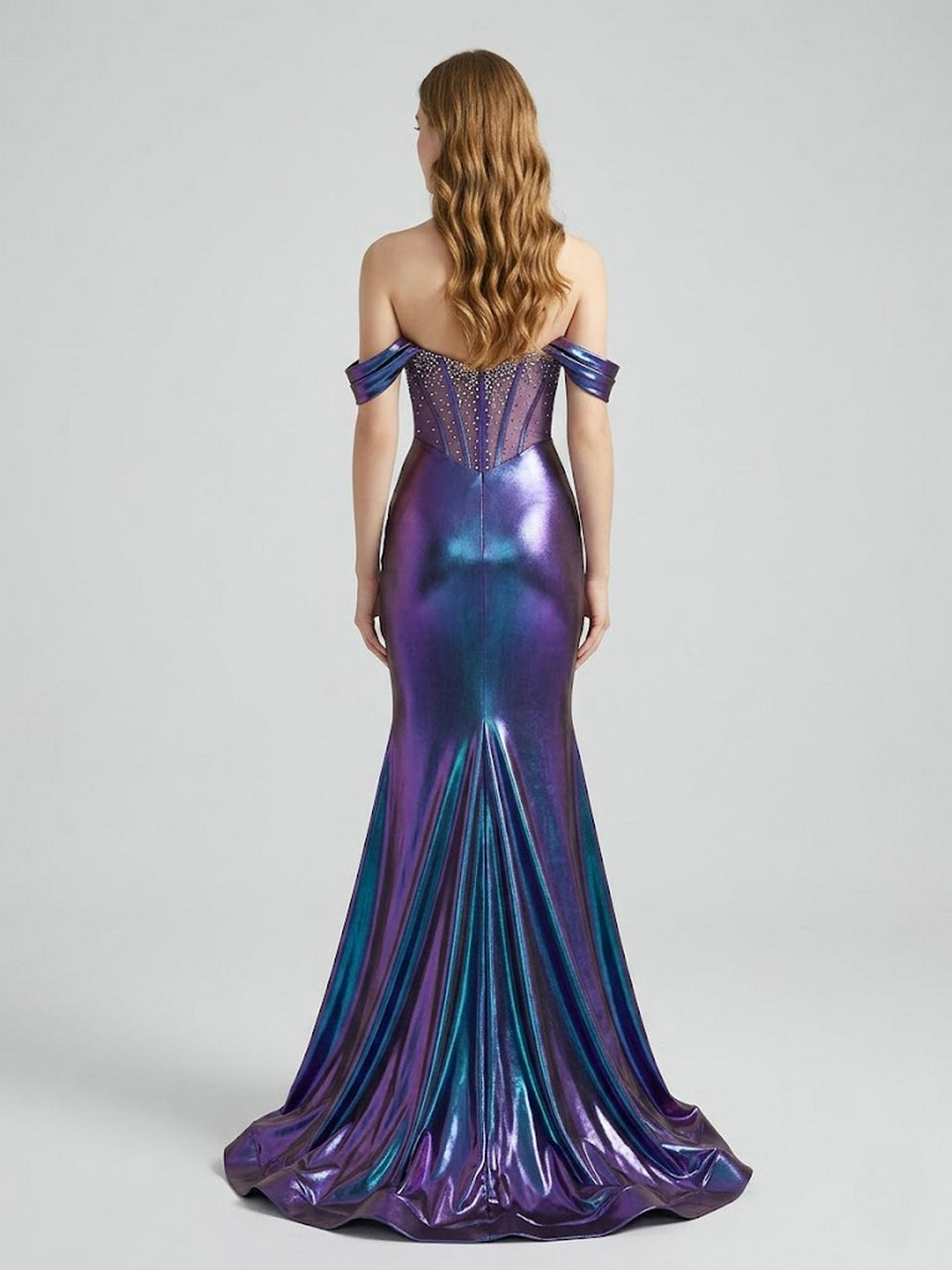 Iridescent Metallic Purple Off-the-Shoulder Corset Prom Dress with High Slit MB40454